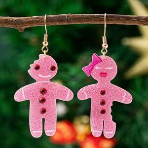 Sparkling Pink Gingerbread Earrings for Kids